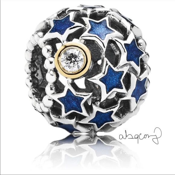 EUC Pandora 791371CZ Sterling Silver & 14k Gold Night Sky Charm w/ Blue Enamel - Picture 1 of 10